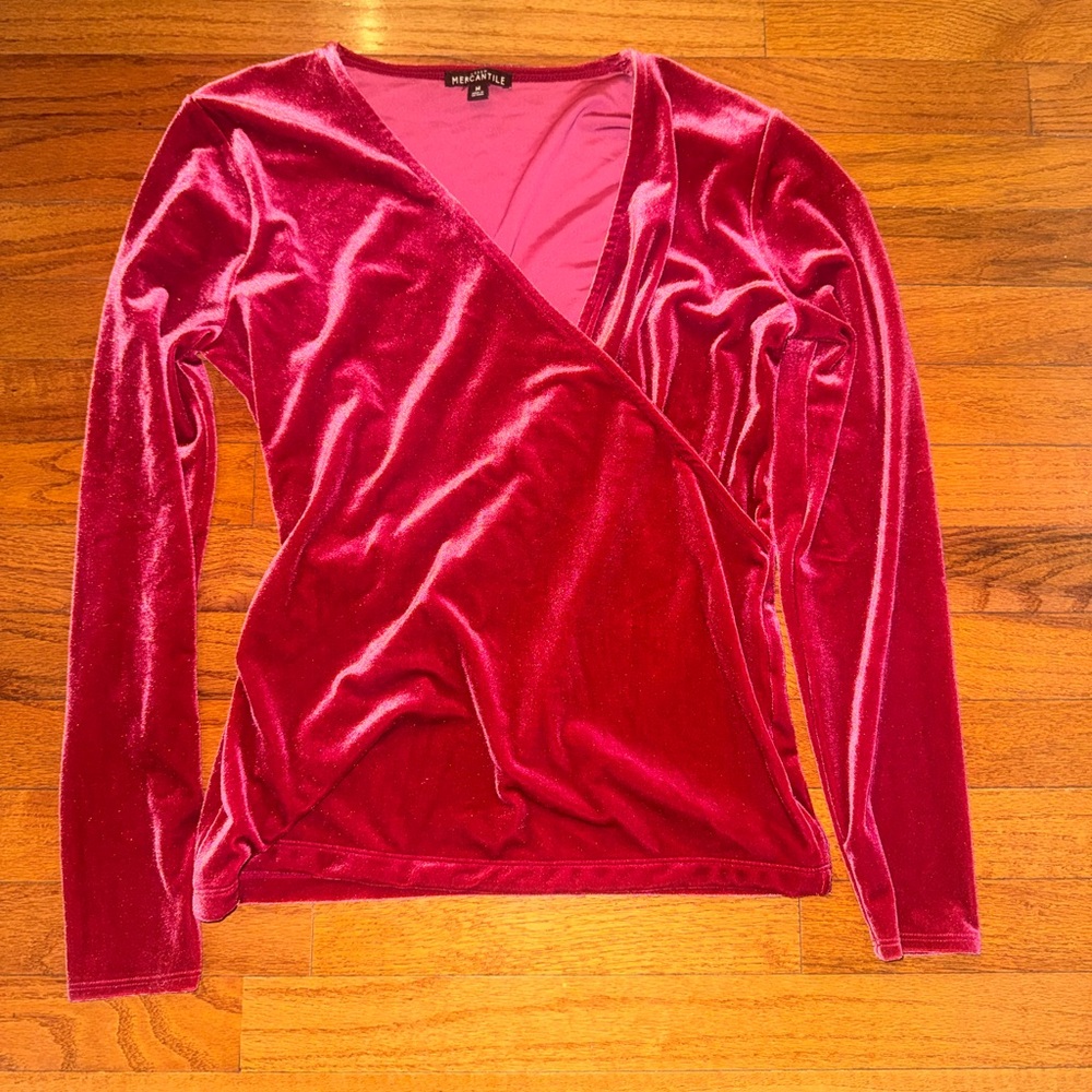 J. Crew Deep Pink Velvet Wrap Long-Sleeve Top